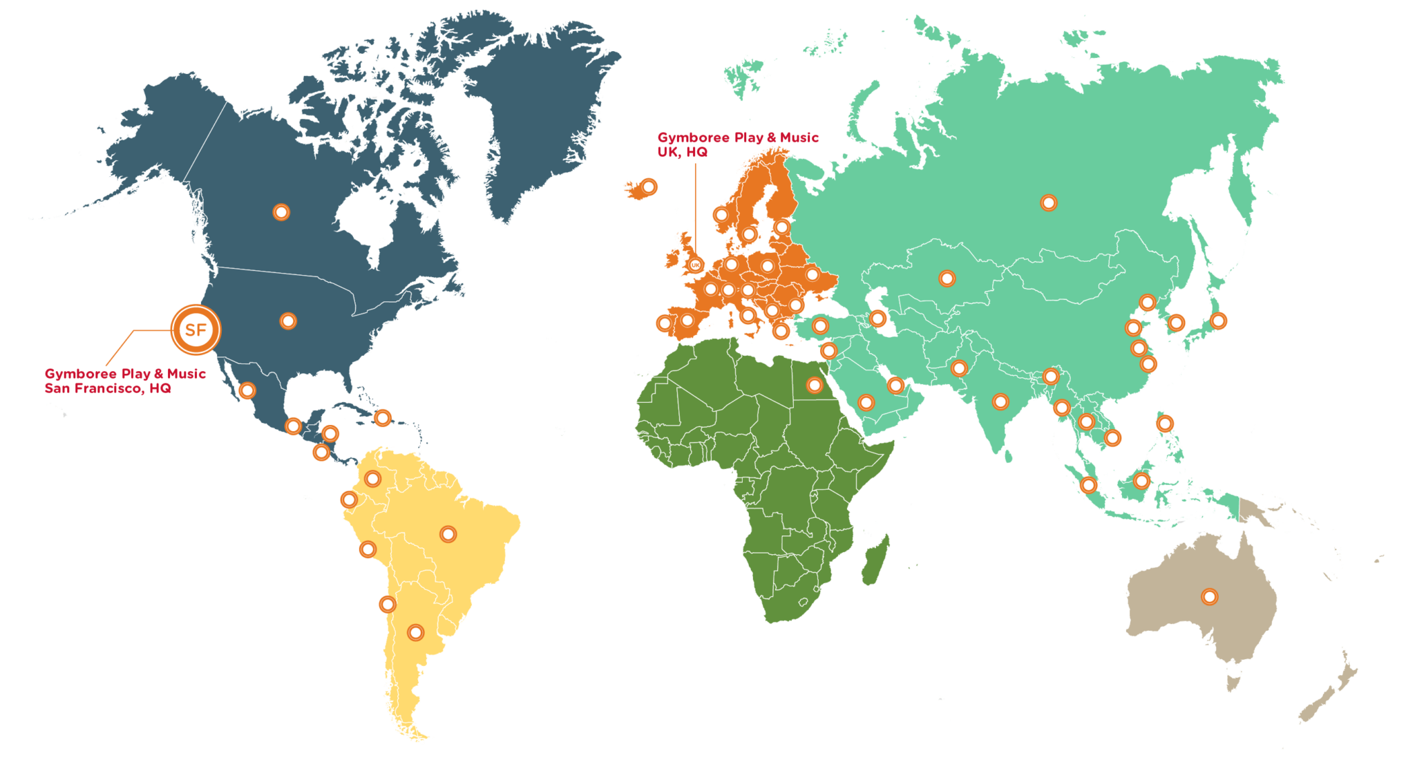 map of the world showing Gymboree Play & Music locations